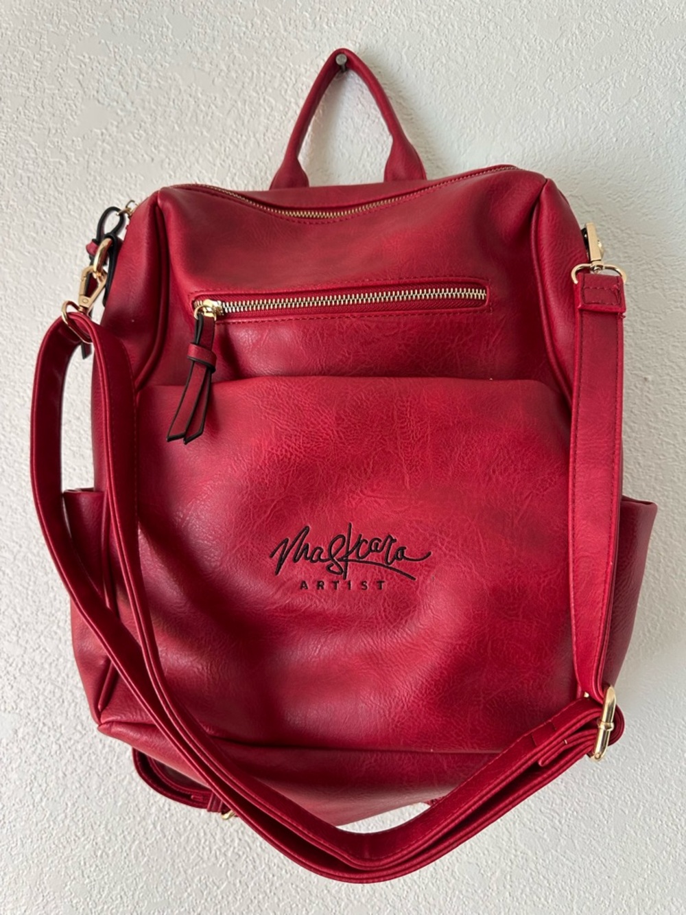 MASKCARA ARTIST Red Leather Backpack Handbag Shoulder Bag Purse Gold Hardware